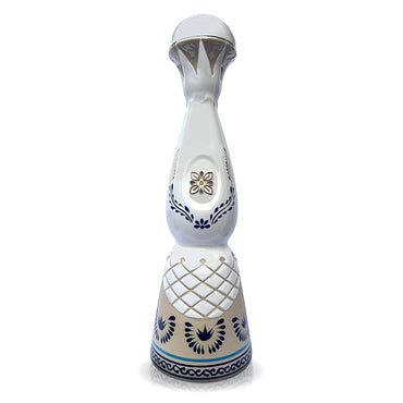 Front view of a white ceramic, hand designed bottle containing 700ml of Clase Azul Anejo tequila.
