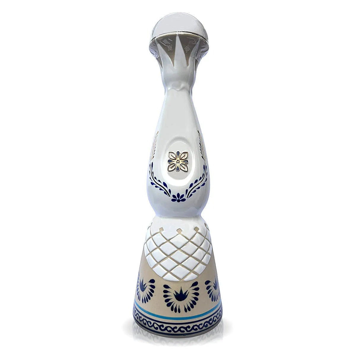 Front view of a white ceramic, hand designed bottle containing 700ml of Clase Azul Anejo tequila.