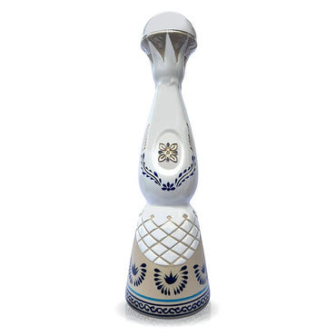 Front view of a white ceramic, hand designed bottle containing 700ml of Clase Azul Anejo tequila.