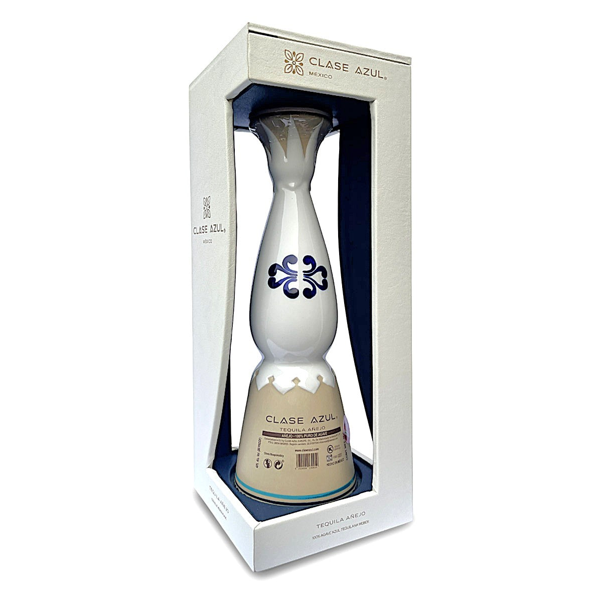 Back view of a 700ml bottle of Clase Azul Anejo in display box.