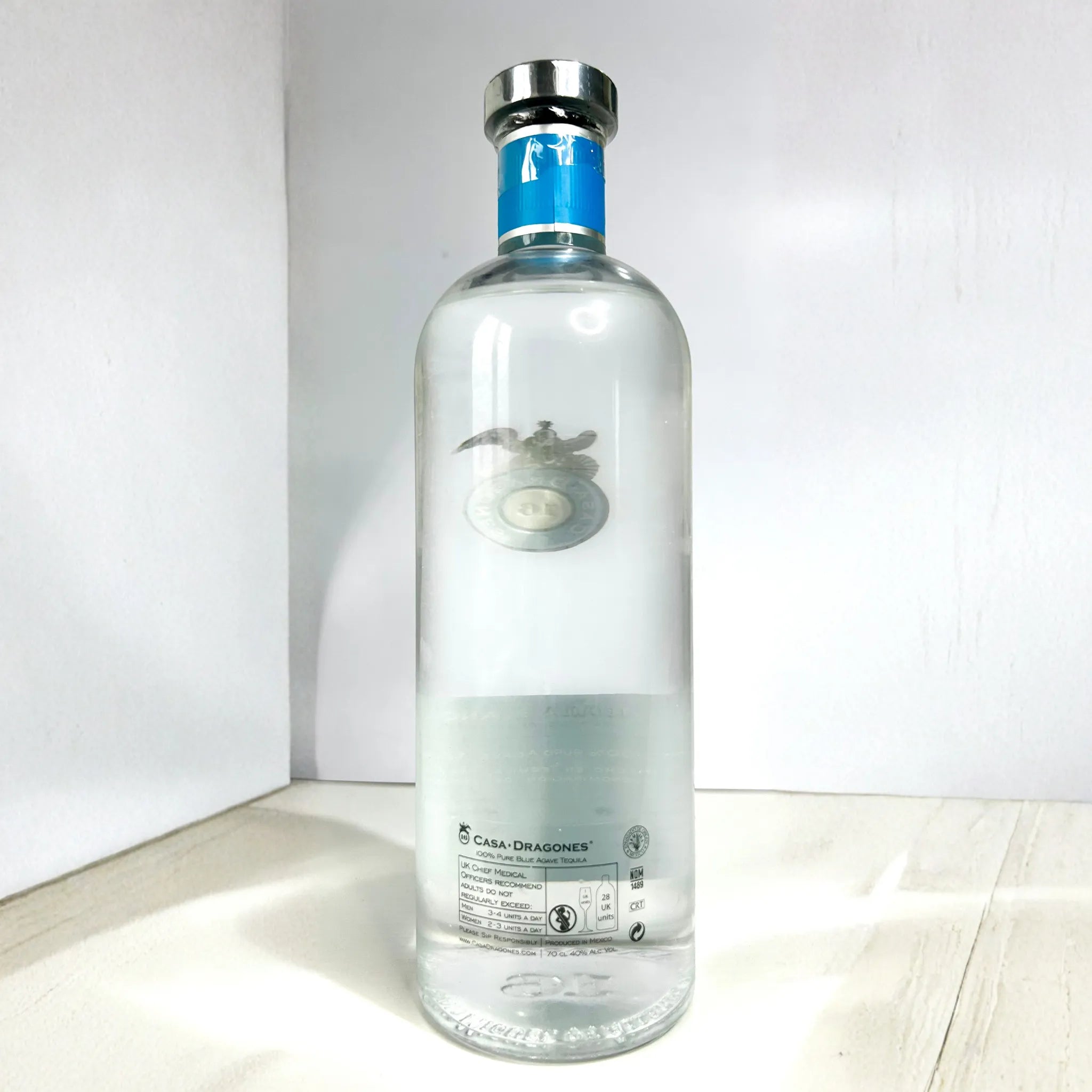 Casa Dragones tequila blanco bottle back view