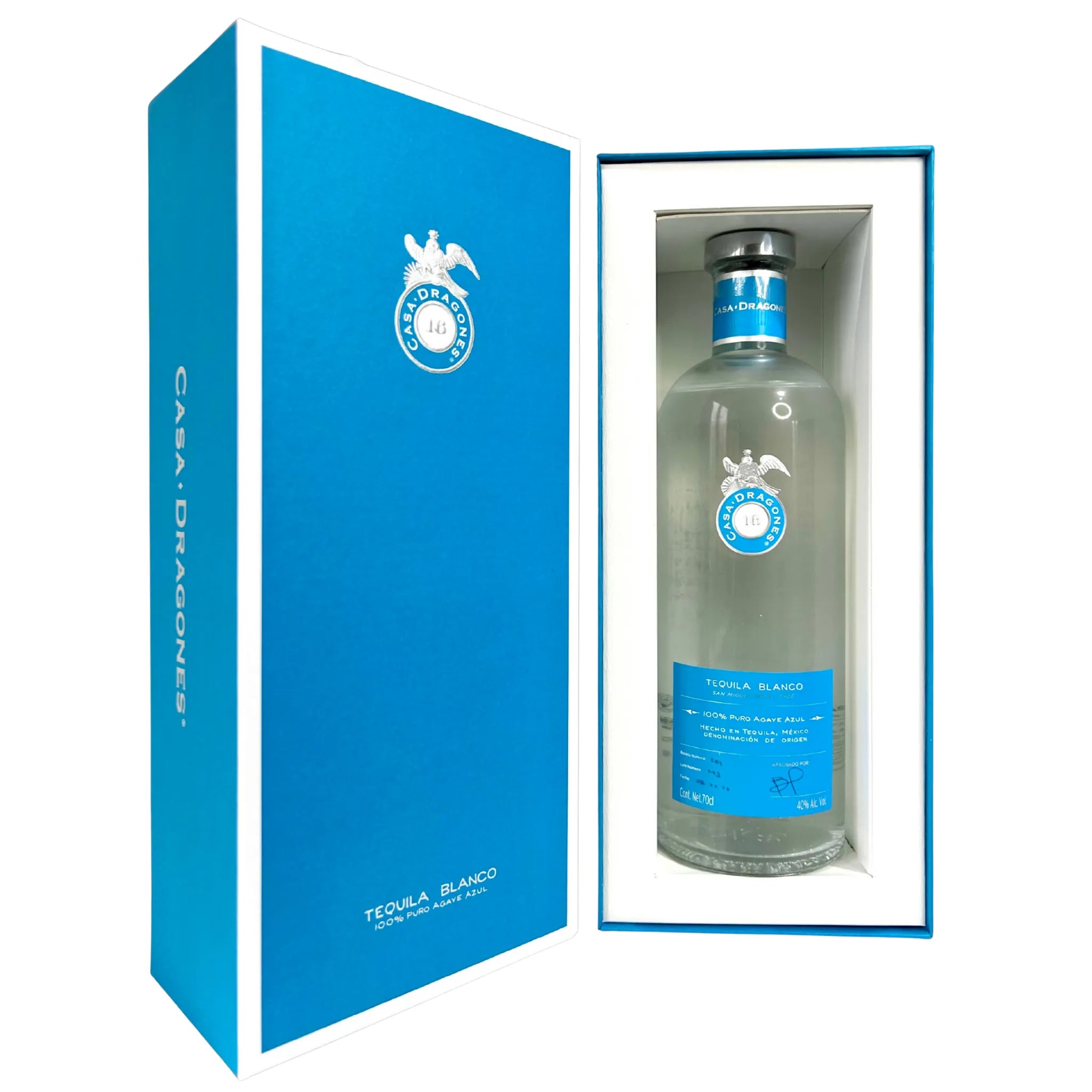 Casa Dragones tequila blanco bottle and box open on white background