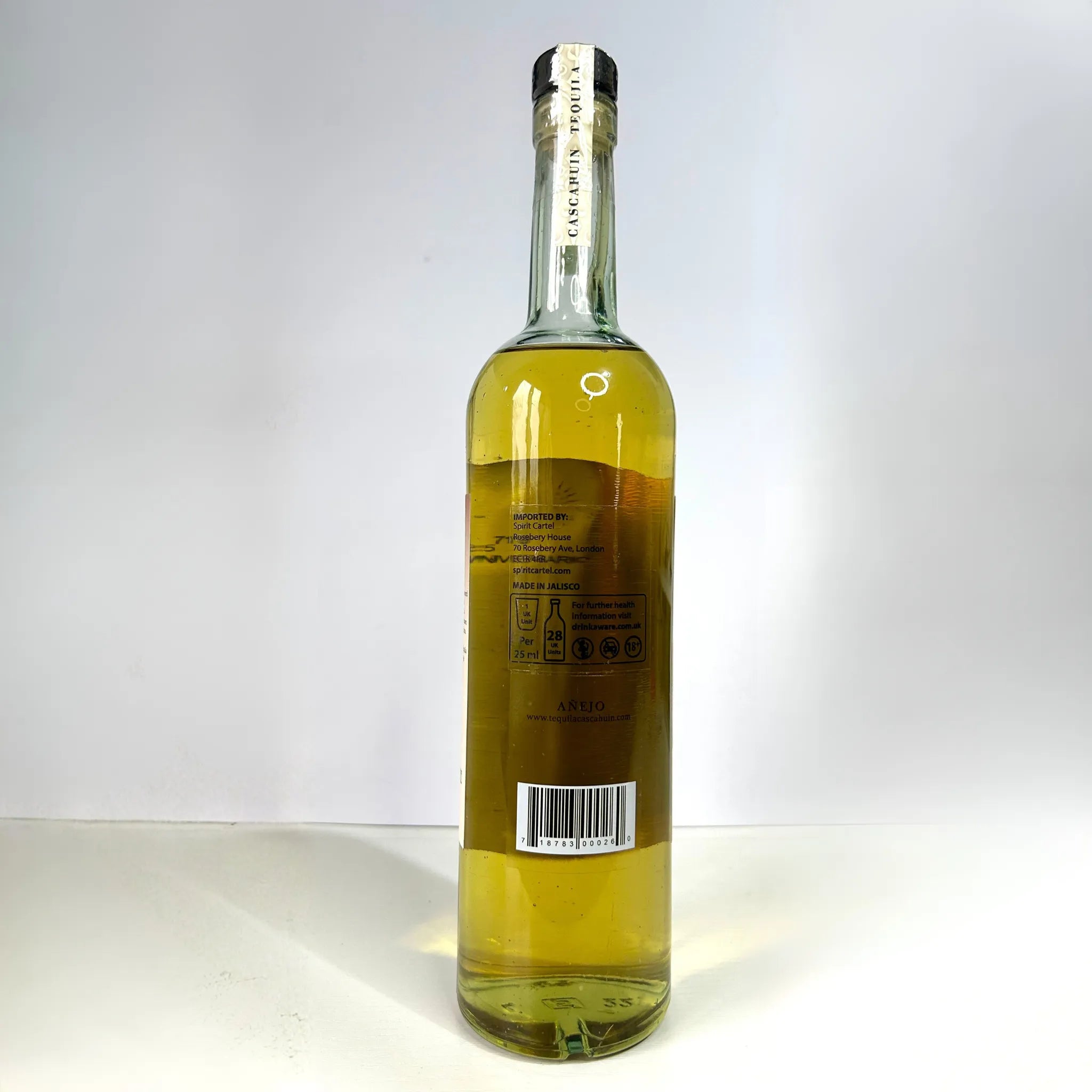 Cascahuin Añejo Tequila 700ml bottle back view showing label and barcode