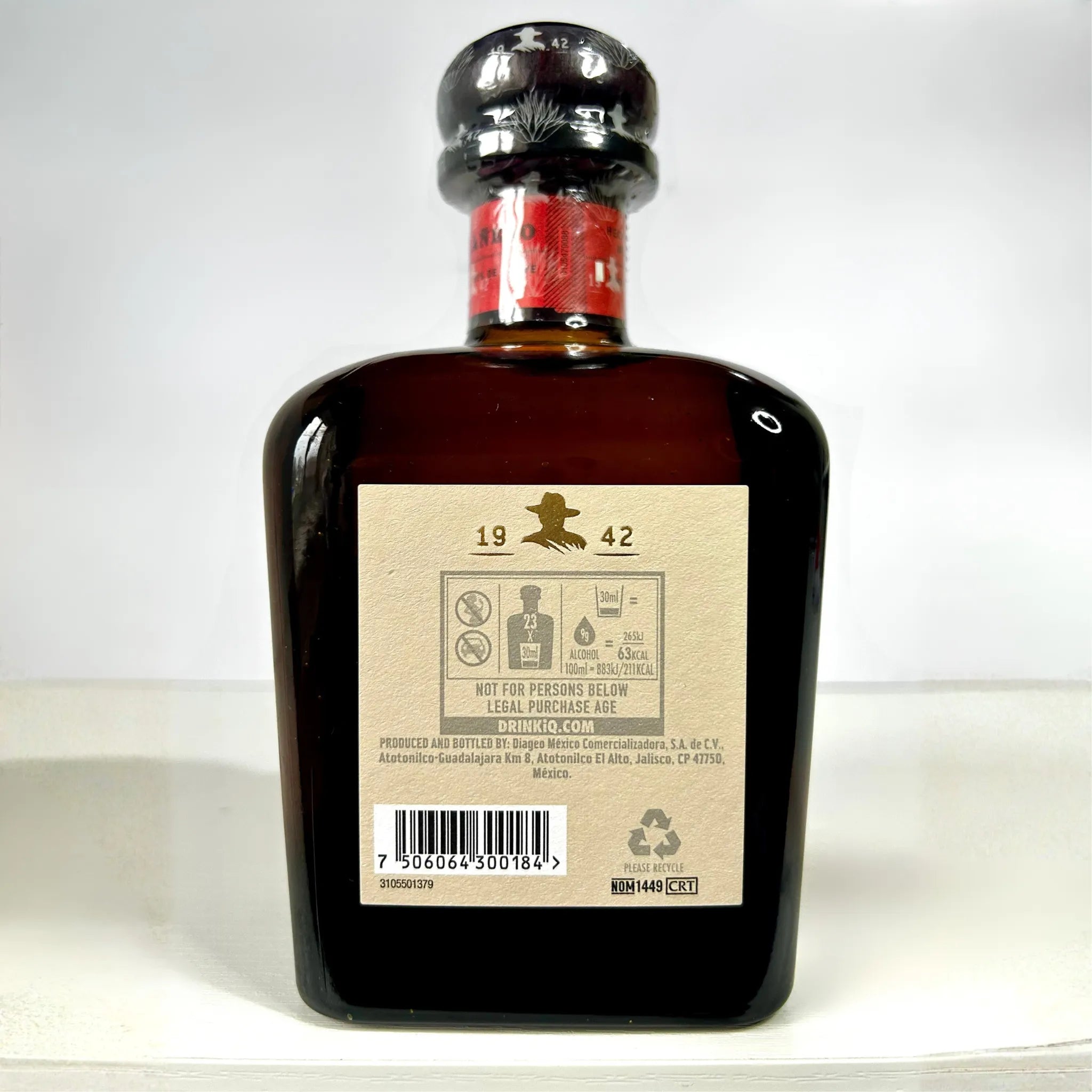 Don Julio Añejo tequila bottle showing barcode and product information