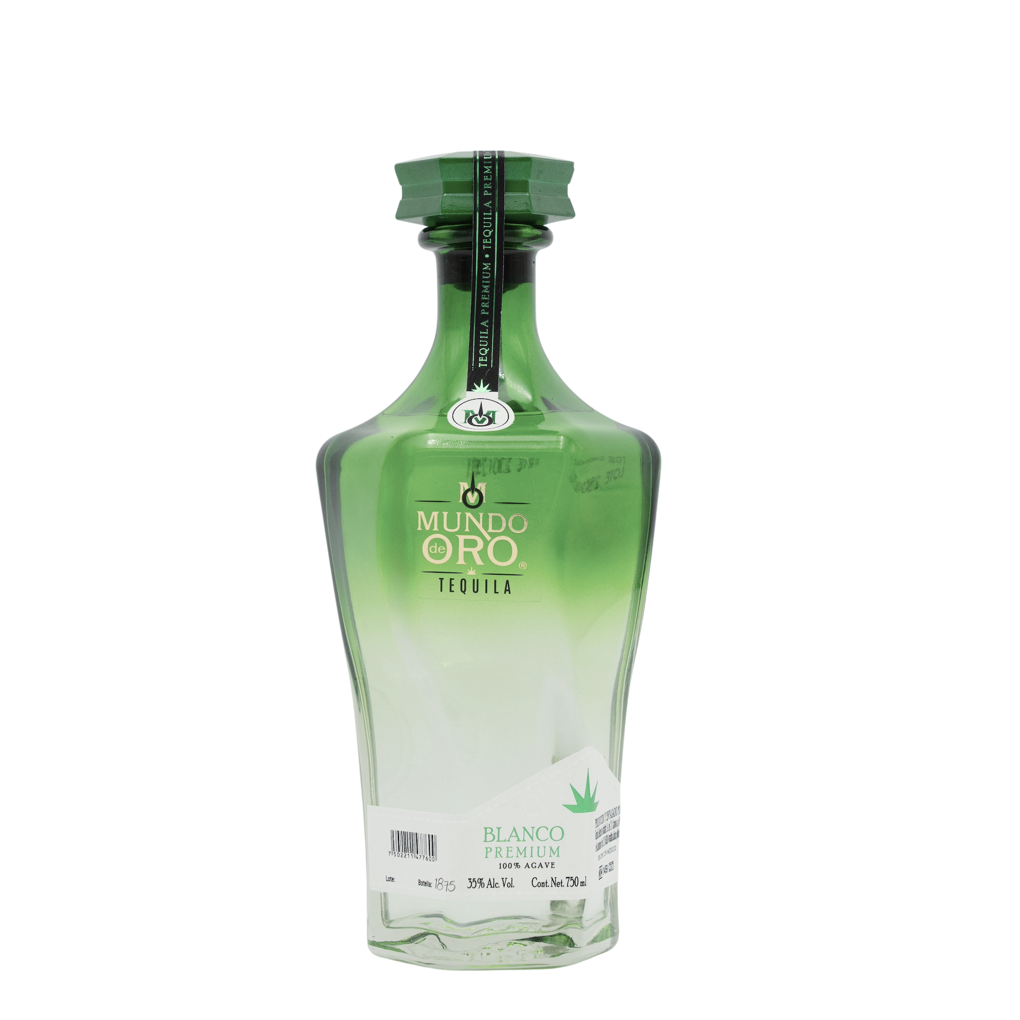 Mundo de Oro Blanco tequila 750ml bottle front view showing green glass design