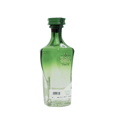 Mundo de Oro Blanco tequila 750ml bottle side view with label and product details
