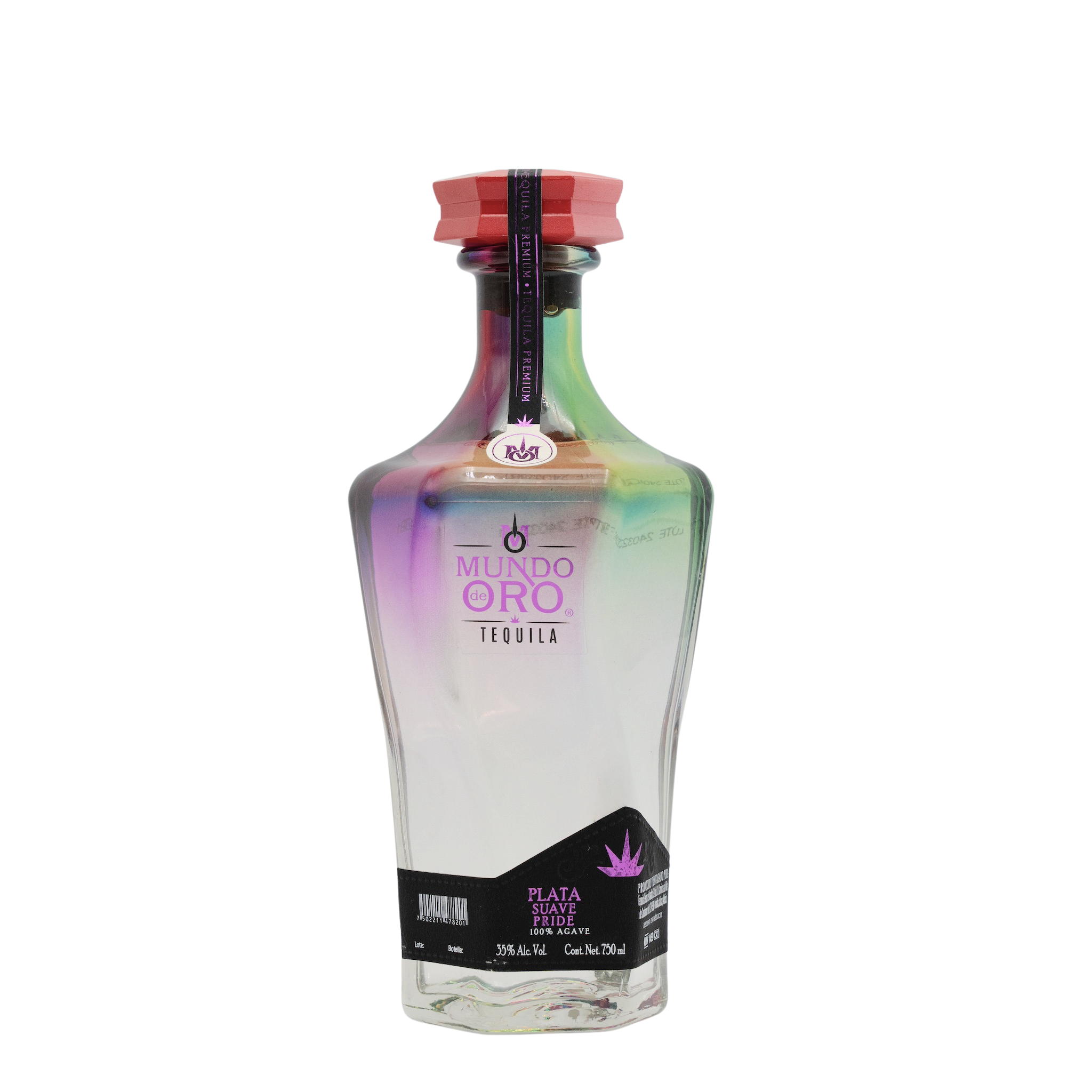 Mundo de Oro Plata tequila 750ml bottle front view with iridescent glass finish