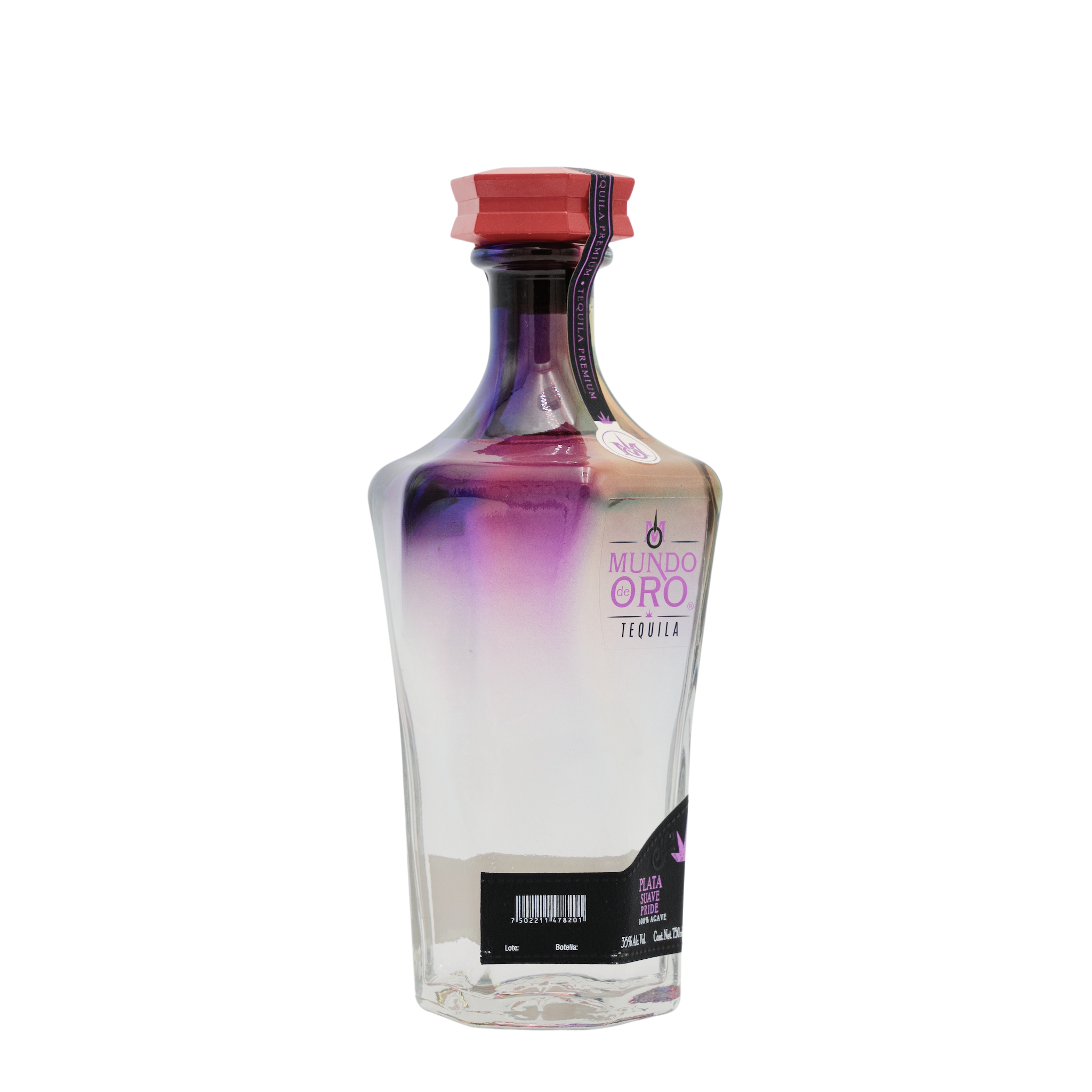 Mundo de Oro Plata tequila 750ml bottle side view showing label and branding details