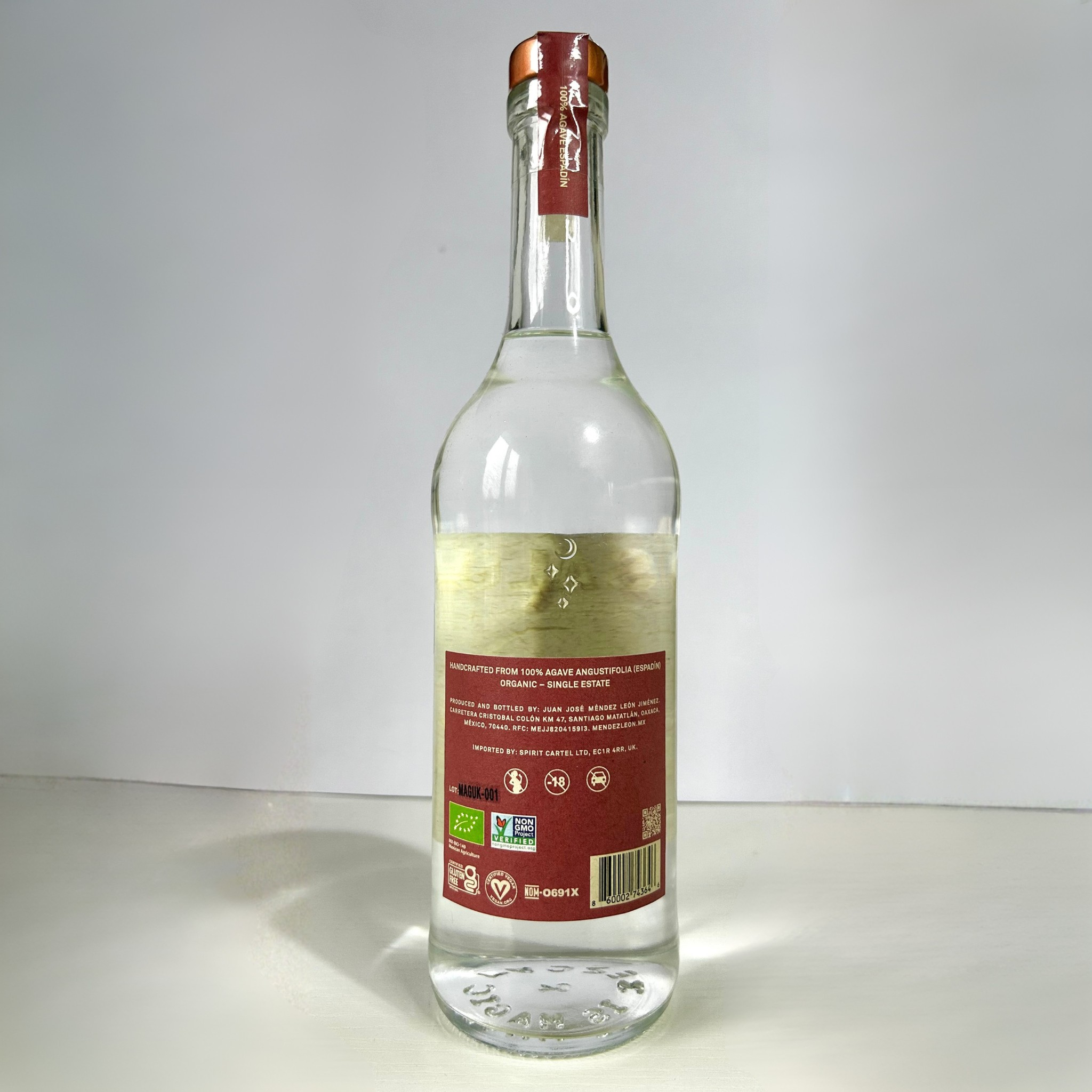 Rosaluna mezcal artesanal joven bottle back label