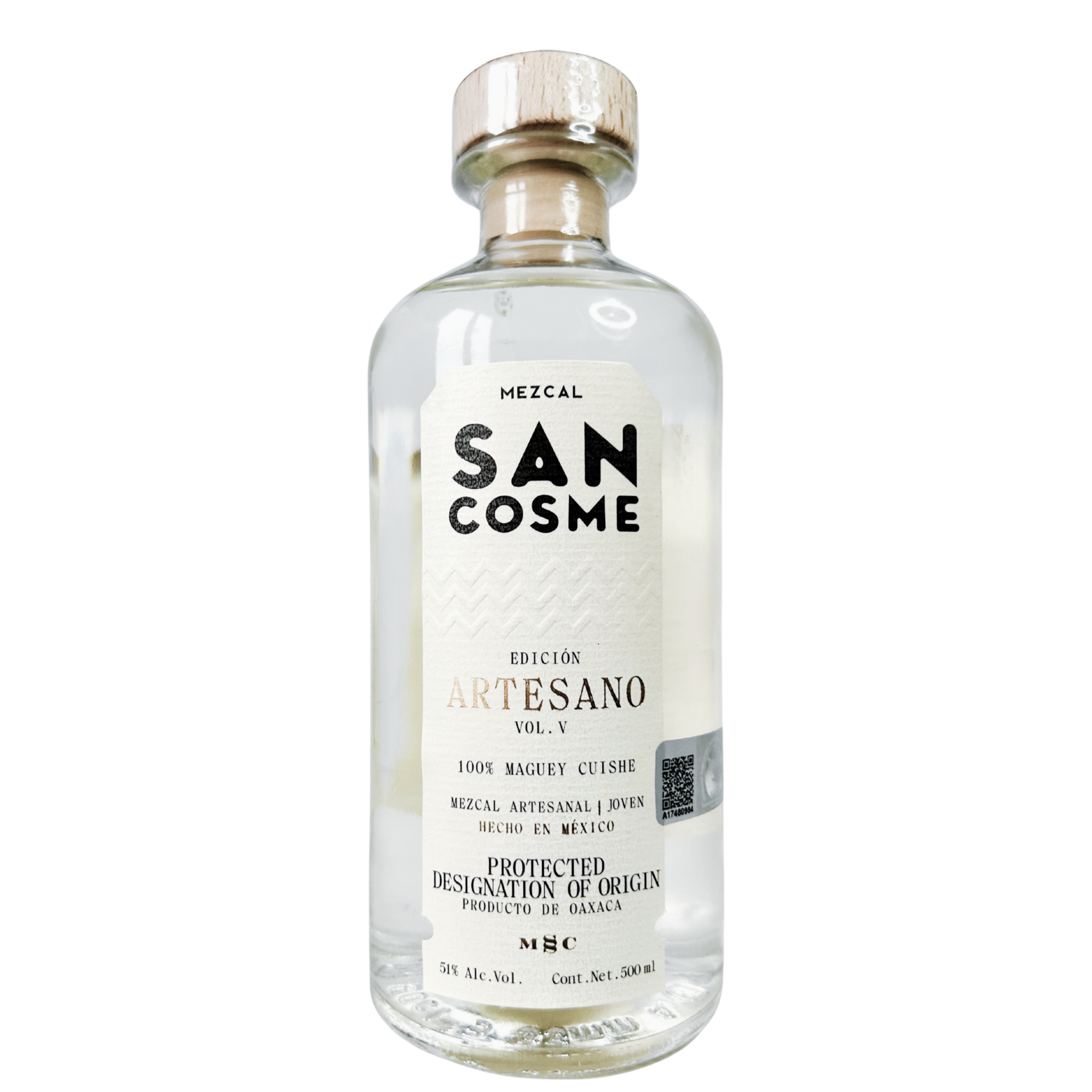 San Cosme Mezcal Artesano Cuishe bottle isolated on white