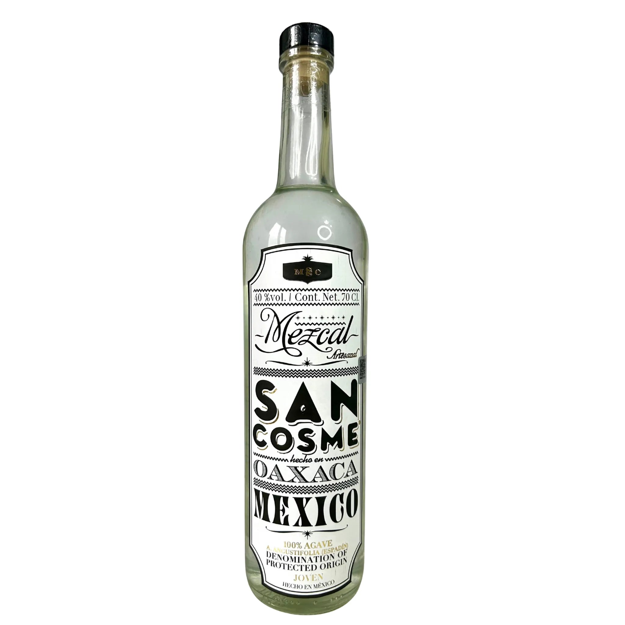 San Cosme Mezcal Joven Oaxaca Mexico bottle isolated on white